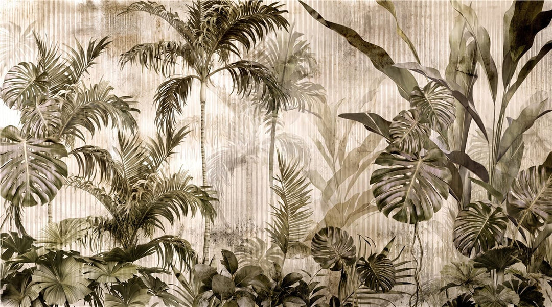 Warm Tan Watercolor Colonial Palm Vintage Jungle Wallpaper Mural in tan