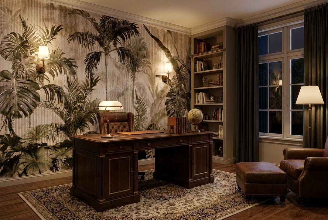 Warm Tan Watercolor Colonial Palm Vintage Jungle Wallpaper Mural in tan