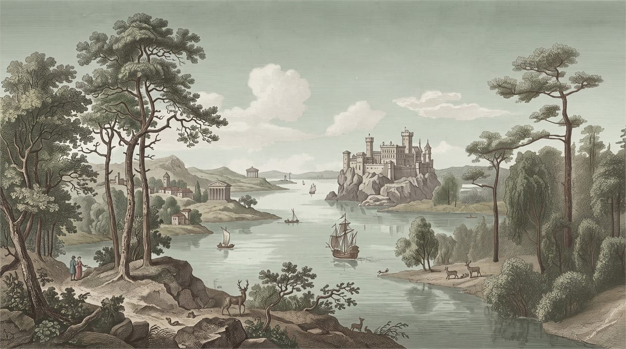 Vintage Castle Sailing Lake Scenic Wallpaper Mural
