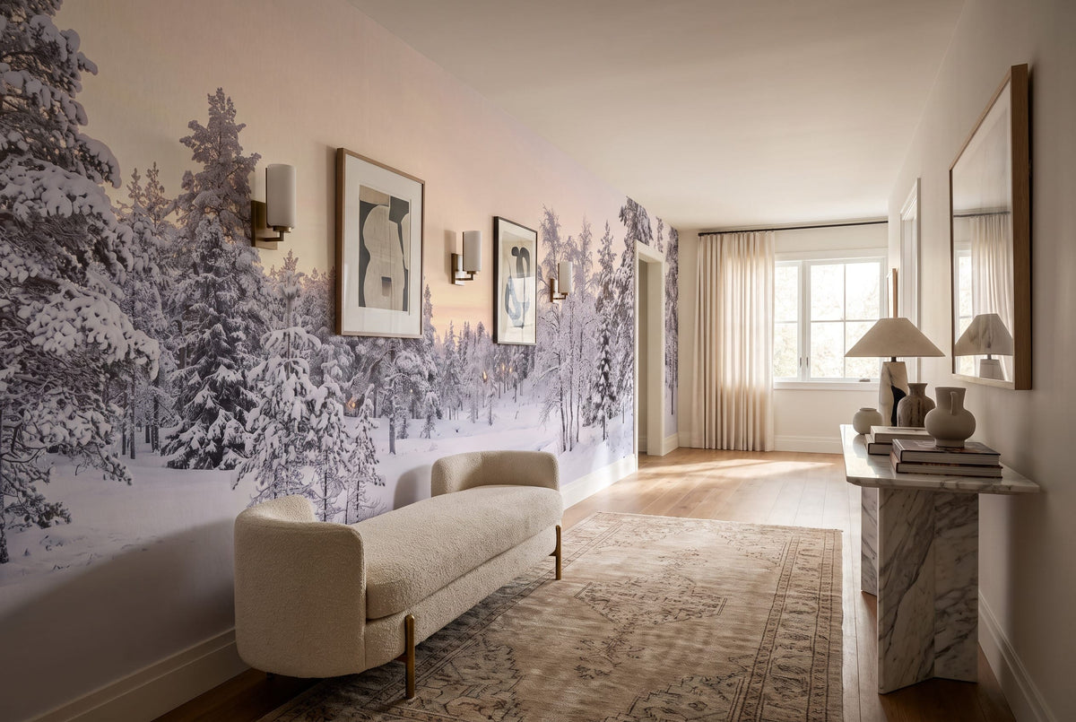 Silver Tan Frosted Nordic Winter Forest Wallpaper Mural in tan