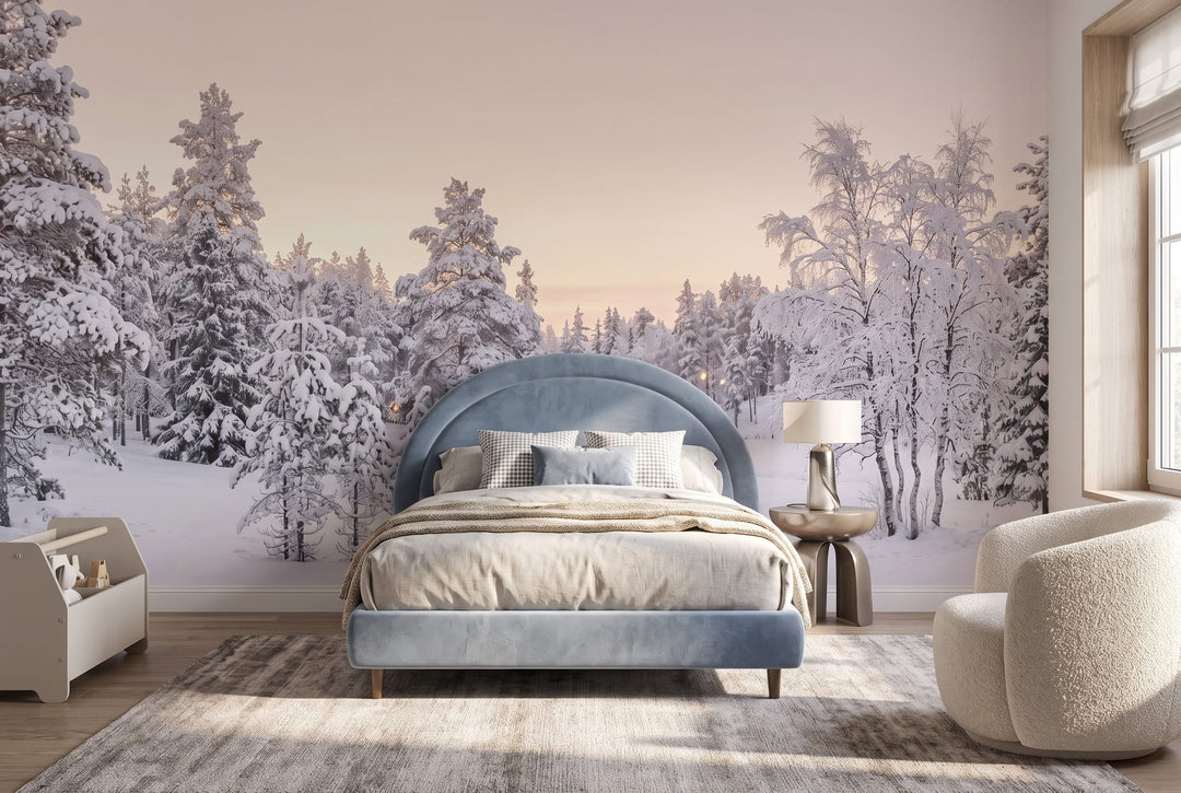 Silver Tan Frosted Nordic Winter Forest Wallpaper Mural in tan