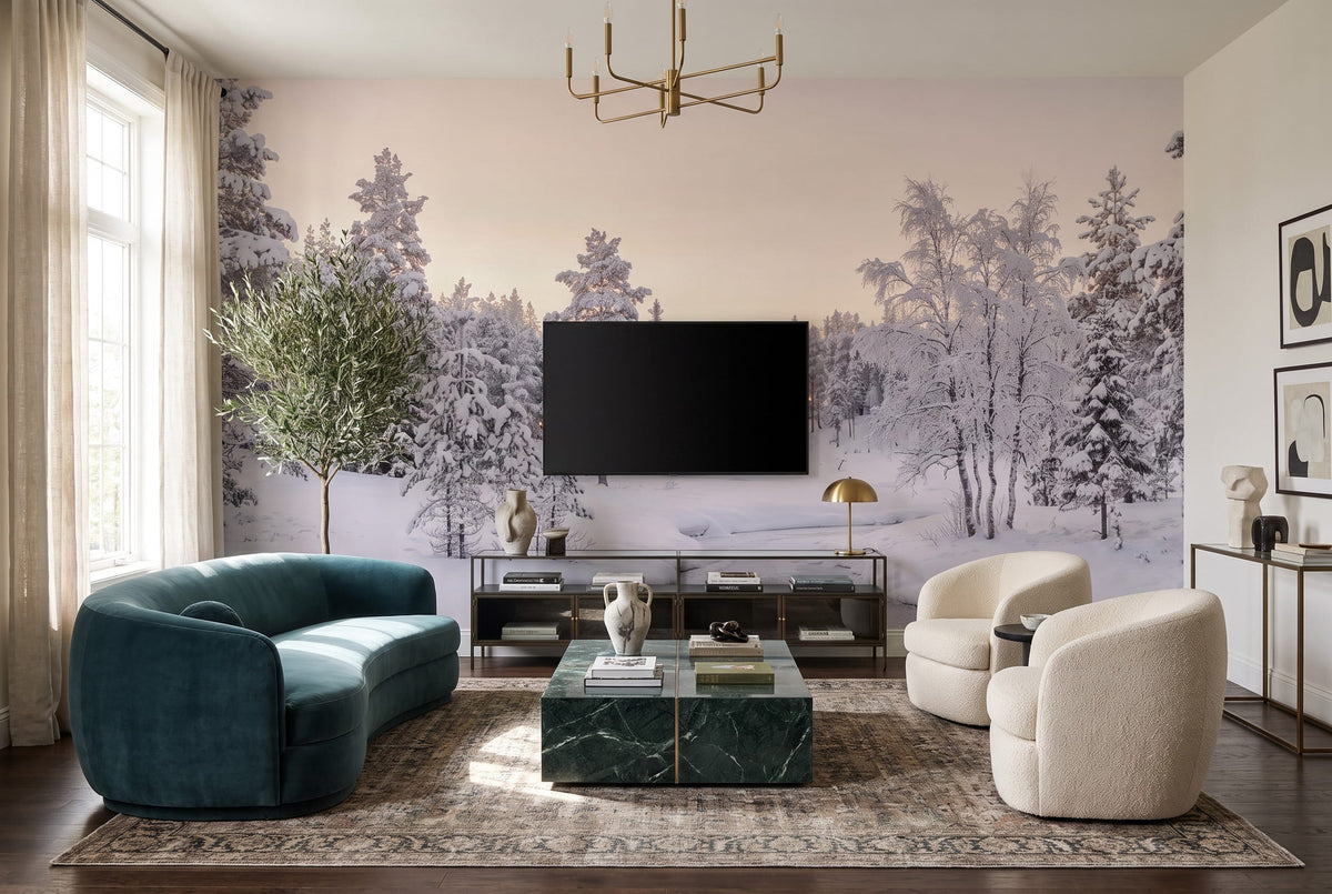 Silver Tan Frosted Nordic Winter Forest Wallpaper Mural in tan