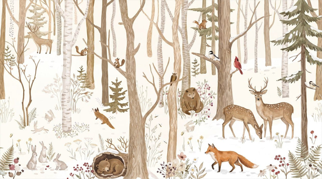 Frozen Tan Enchanted Nordic Winter Forest Wallpaper Mural in tan