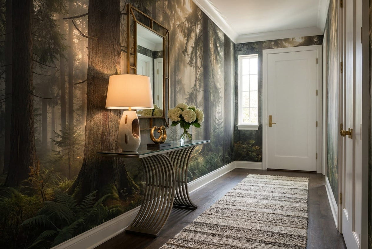Midnight Tan Glowing Nordic Night Forest Wallpaper Mural in tan