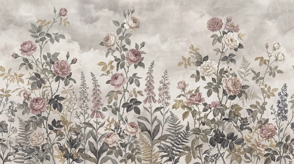 Pink Rose and Fern Meadow Wallpaper Mural