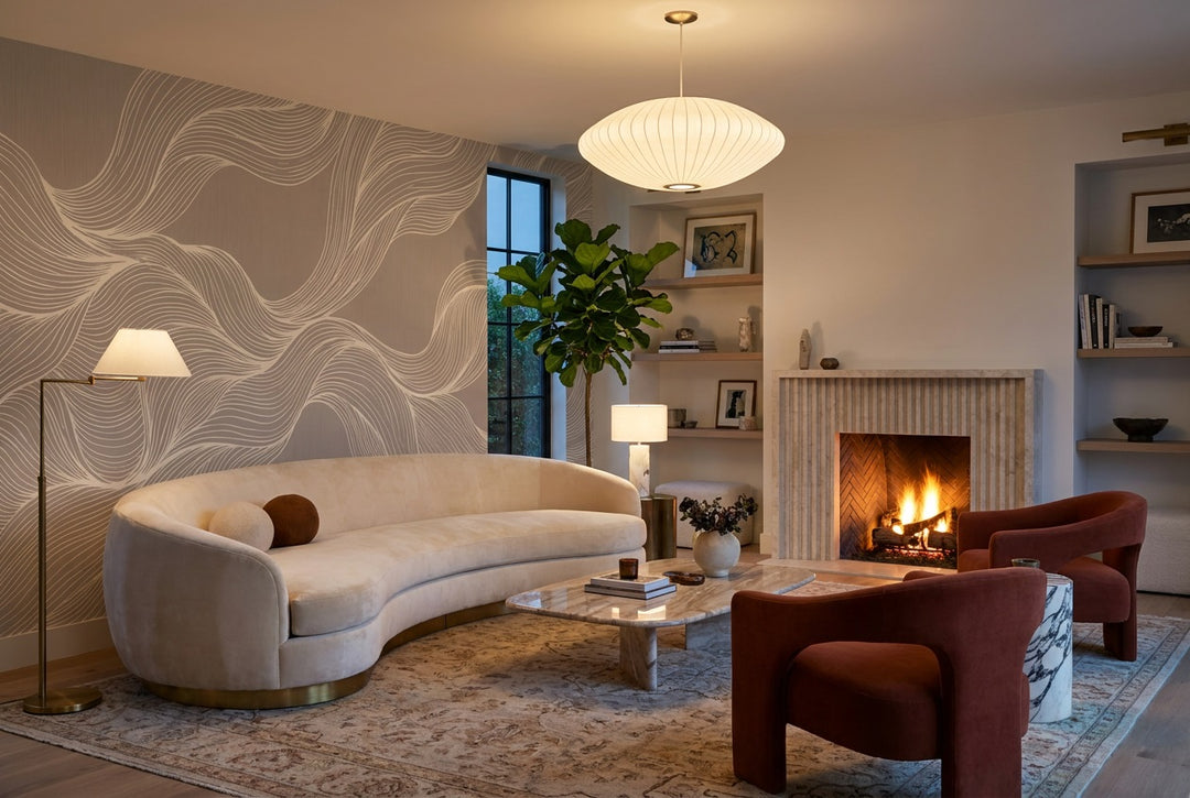 taupe flowing lines lounge custom stick on non woven vinyl removable wallpaper mural