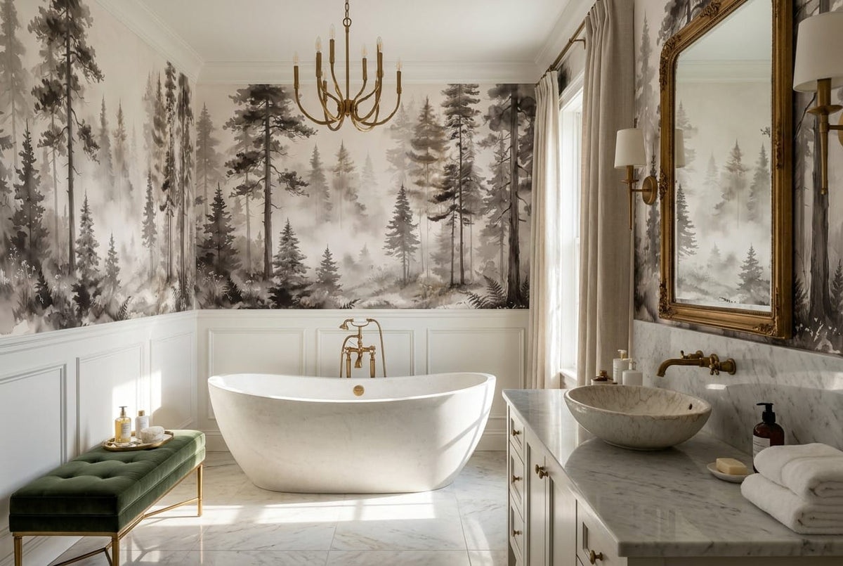Taupe Watercolor Nordic Pine Tree Wallpaper Mural in taupe