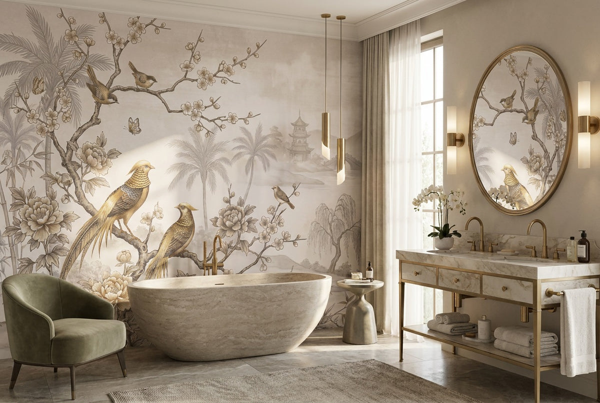 taupe pagoda birds wallpaper mural custom stick on bathroom removable non woven vinyl