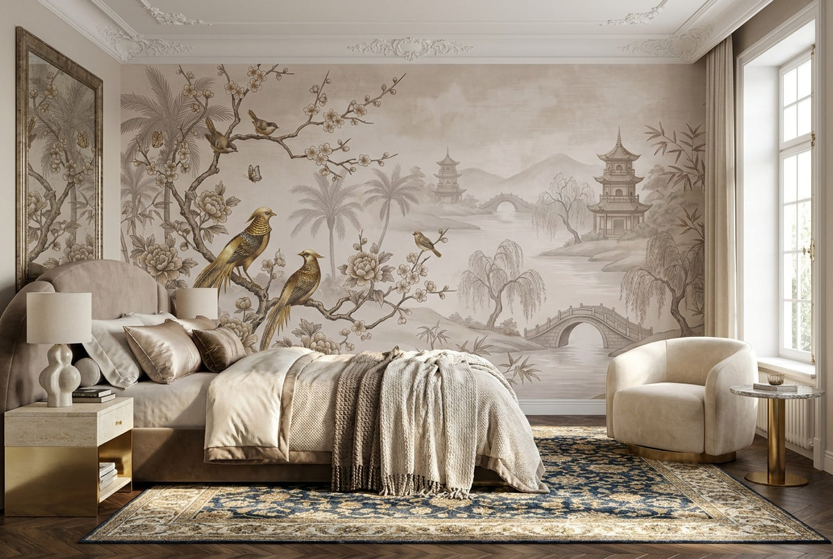 taupe pagoda birds wallpaper mural custom stick on bedroom removable non woven vinyl
