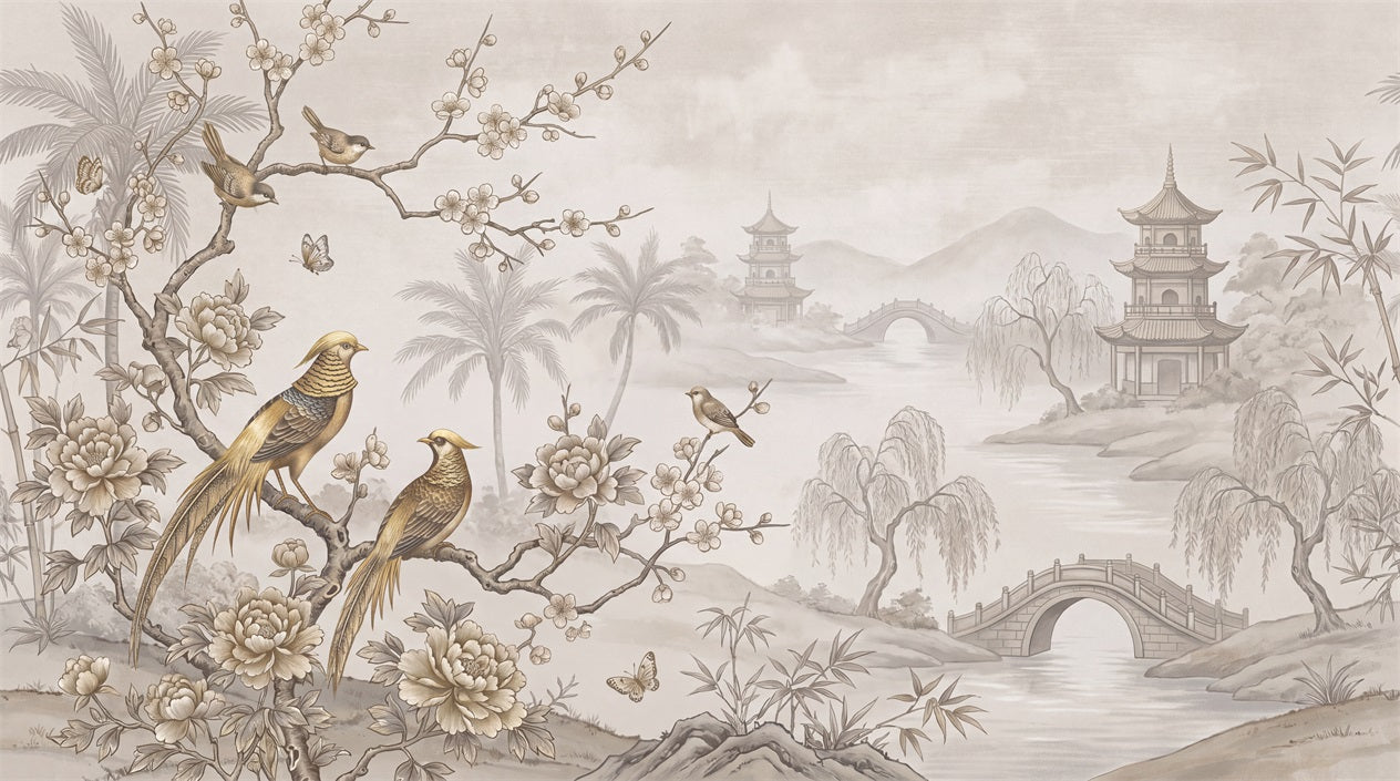 Taupe Birds And Distant Pagoda Wallpaper Mural