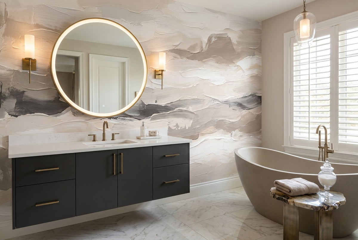 taupe painted waves bathroom custom stick on non woven vinyl removable wallpaper mural