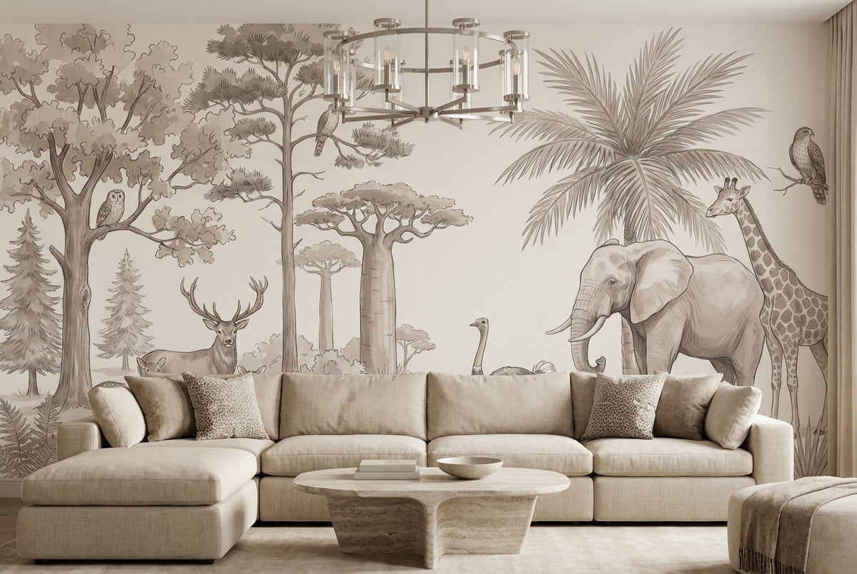 taupe safari sketch wallpaper mural custom stick on lounge removable non woven vinyl
