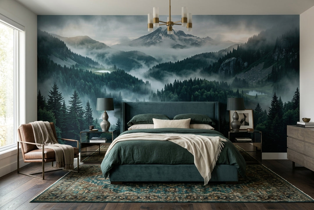 teal alpine forest bedroom custom stick on non woven vinyl removable wallpaper mural