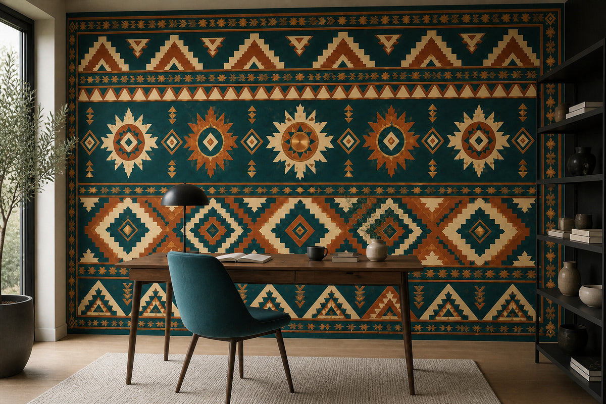 Teal Aztec Wallpaper Mural product view