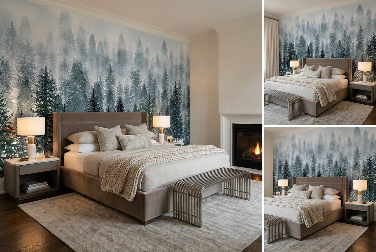 Teal Gray Tranquil Nordic Winter Forest Wallpaper Mural in teal