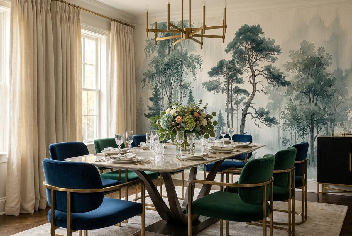 Sage Green Watercolor Nordic Misty Forest Wallpaper Mural scene image