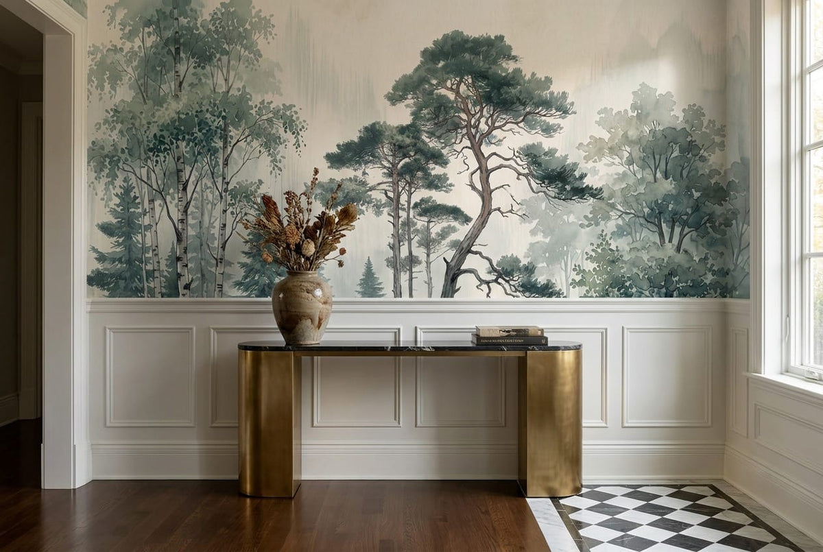 Sage Green Watercolor Nordic Misty Forest Wallpaper Mural scene image