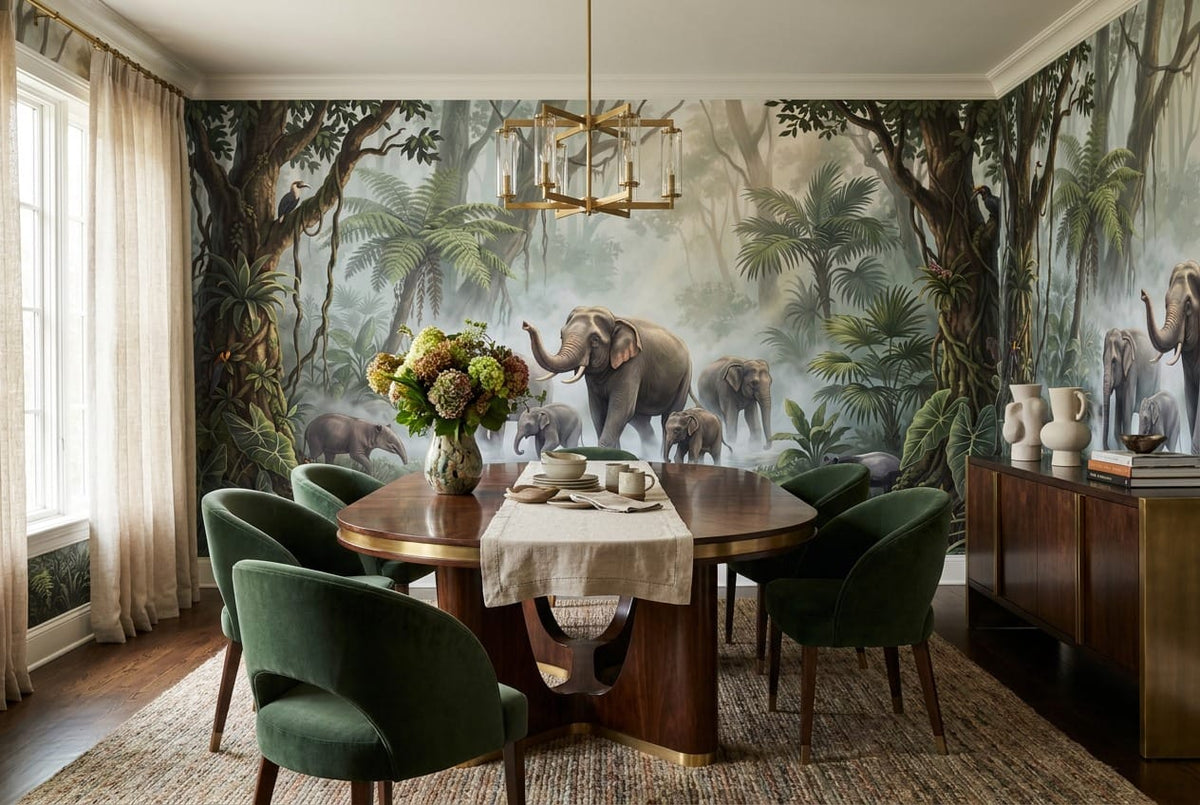 Teal Botanical Tropical Rainforest Wallpaper Mural scene image