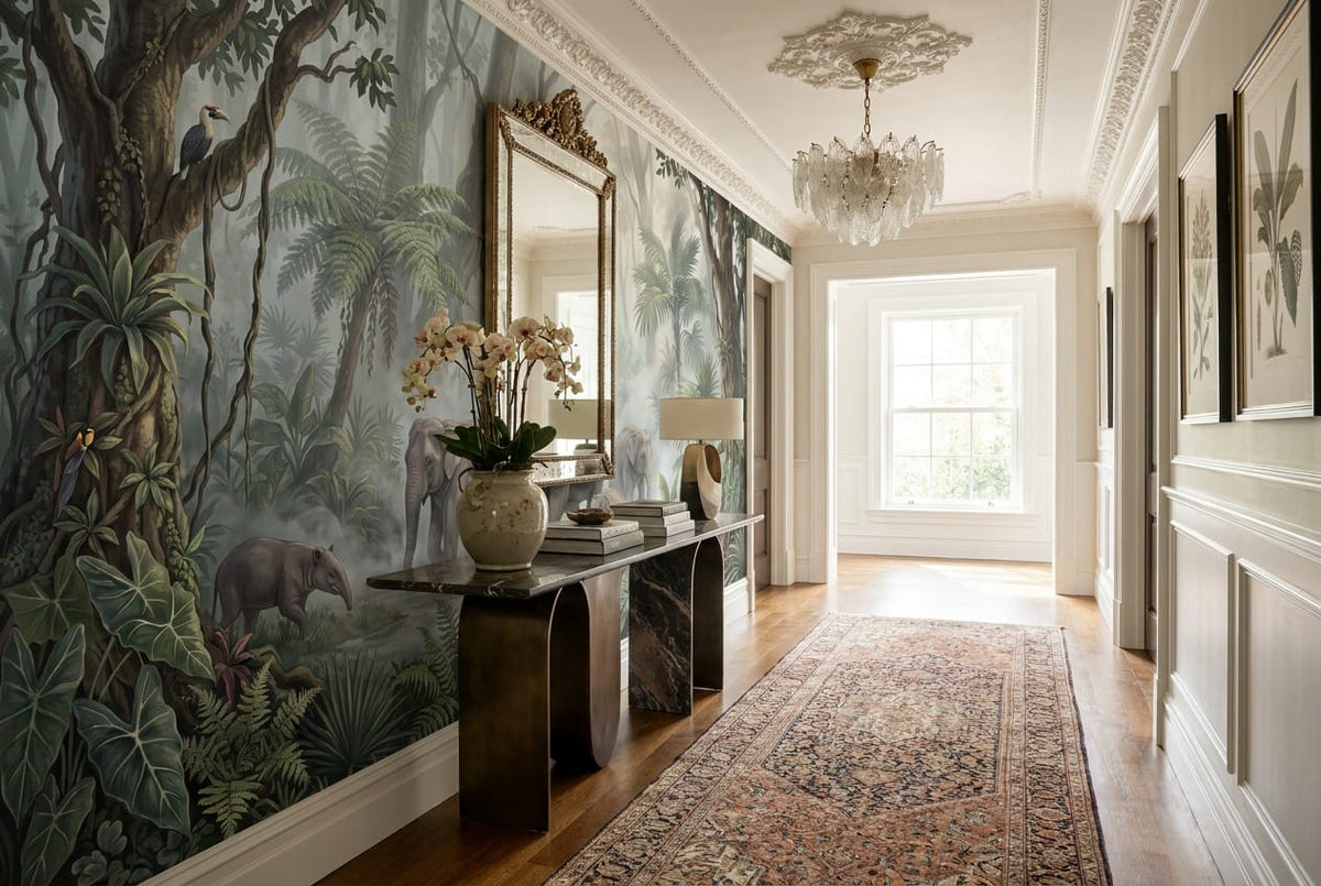 Teal Botanical Tropical Rainforest Wallpaper Mural scene image