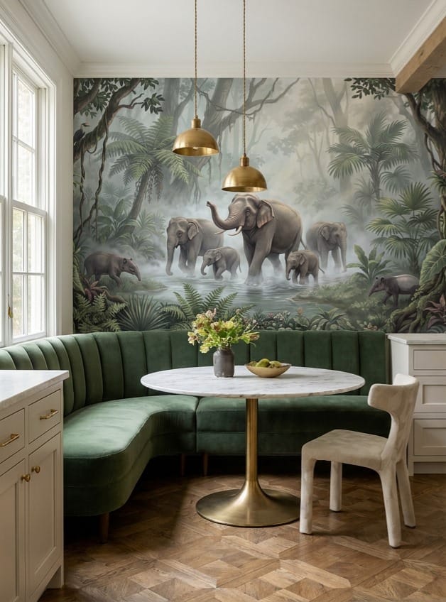 Teal Botanical Tropical Rainforest Wallpaper Mural scene image