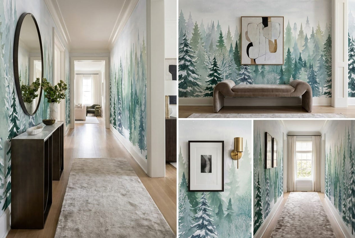 Deep Teal Warm Nordic Winter Forest Wallpaper Mural in teal