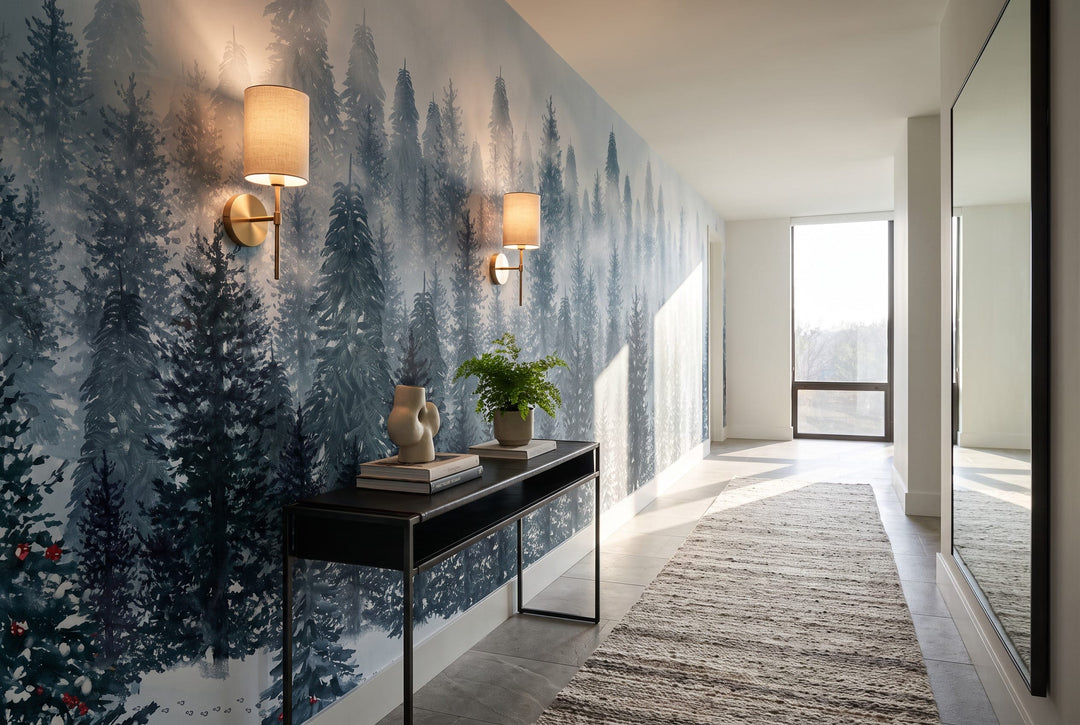 Teal Gray Tranquil Nordic Winter Forest Wallpaper Mural in teal