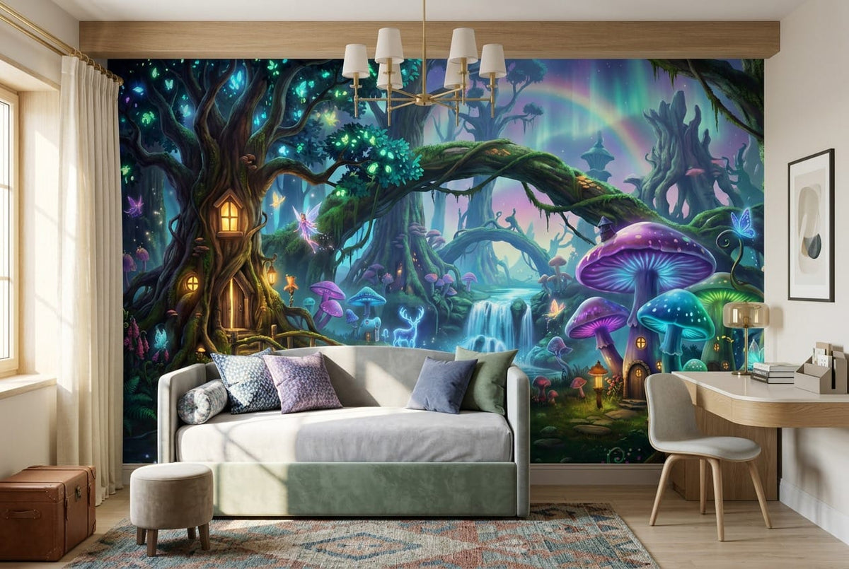 Enchanted Mushroom Village Fantasy Wallpaper Mural