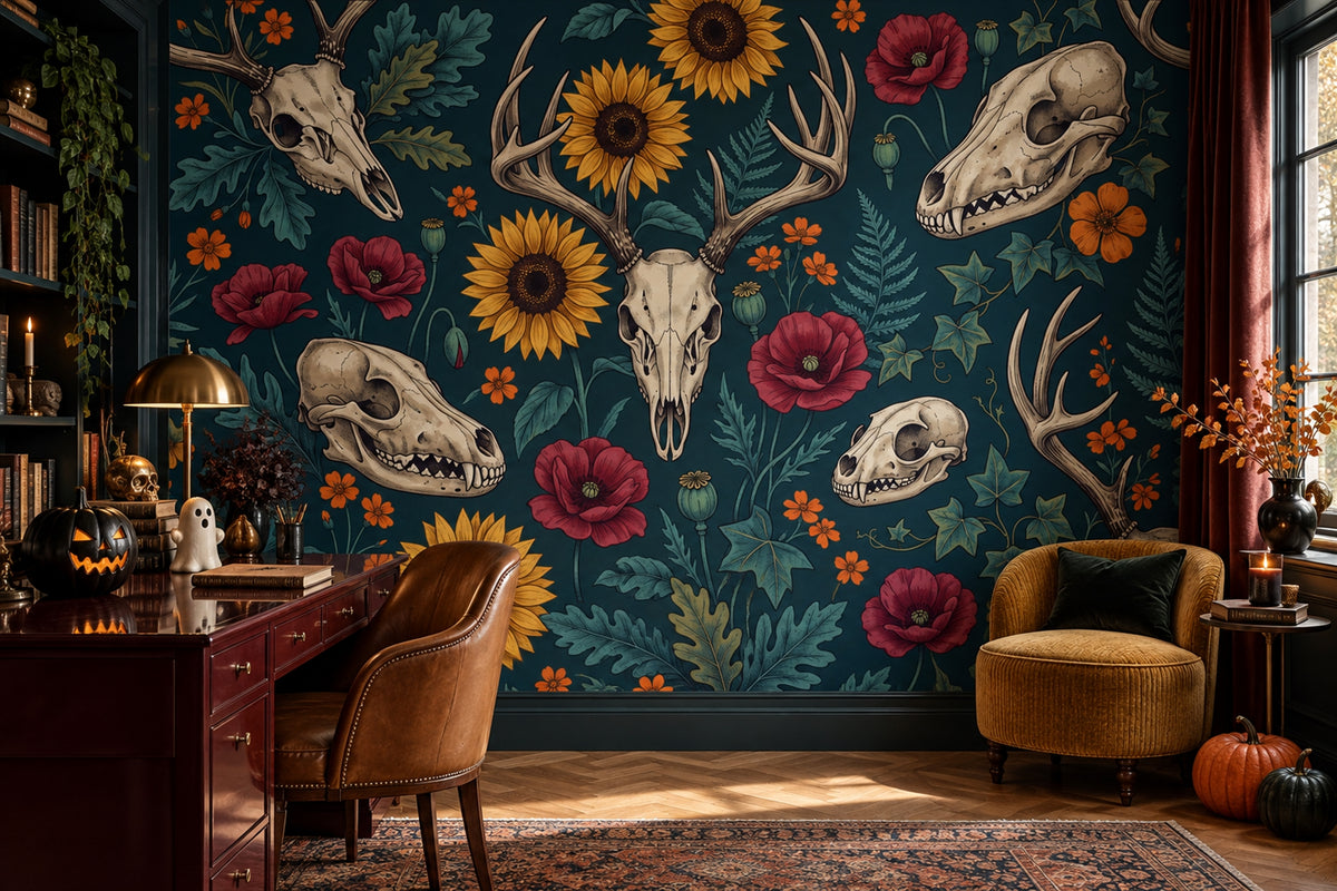 teal skulls wallpaper mural study custom removable non woven vinyl peel and stick
