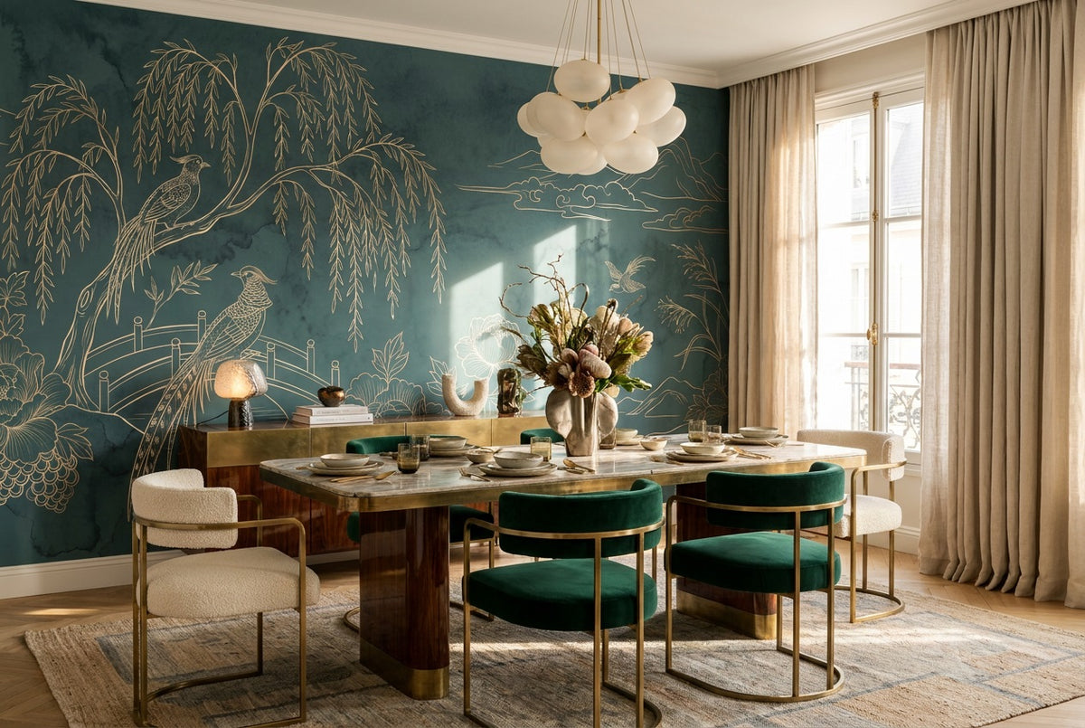 teal willow linework wallpaper mural custom stick on dining removable non woven vinyl