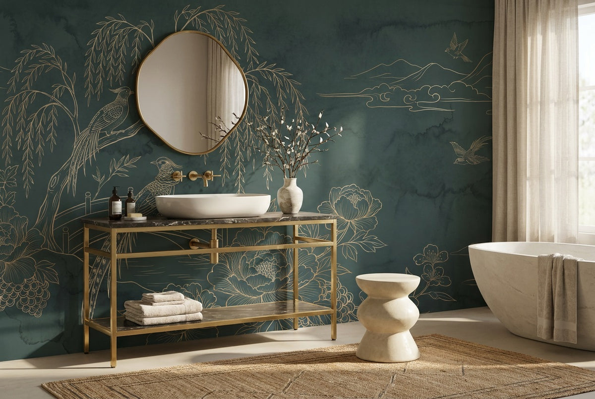 teal willow wallpaper mural custom stick on bathroom removable non woven vinyl