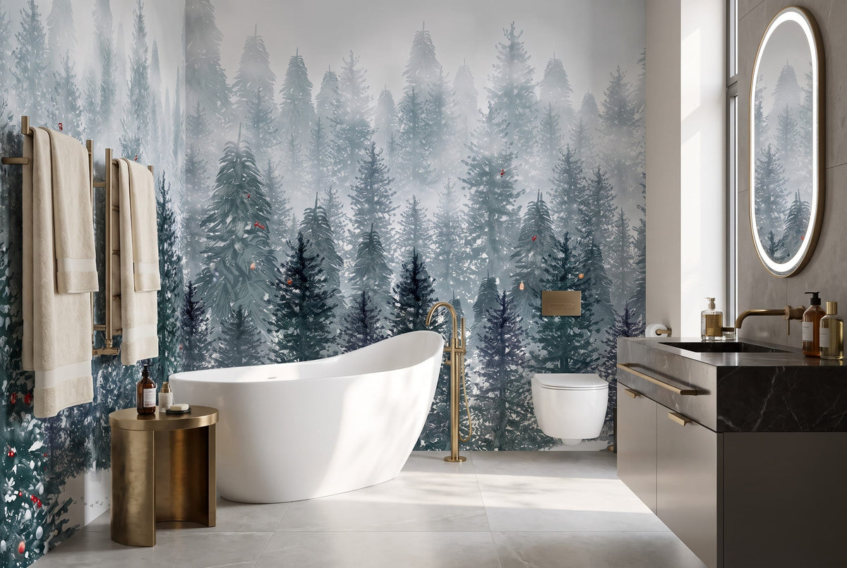 Teal Gray Tranquil Nordic Winter Forest Wallpaper Mural in teal
