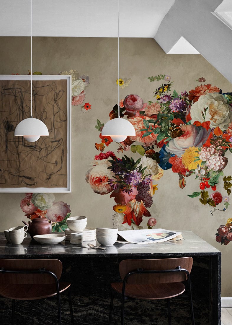 Elegant floral world map mural wallpaper with vintage earthy tones, modern dining room decor, pendant lights.