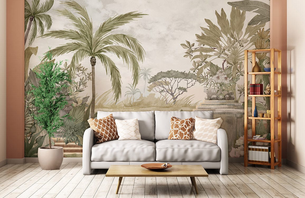 Tropical watercolour mural wallpaper in soft greens, beige walls, light grey sofa, wooden floor, cosy living room.
