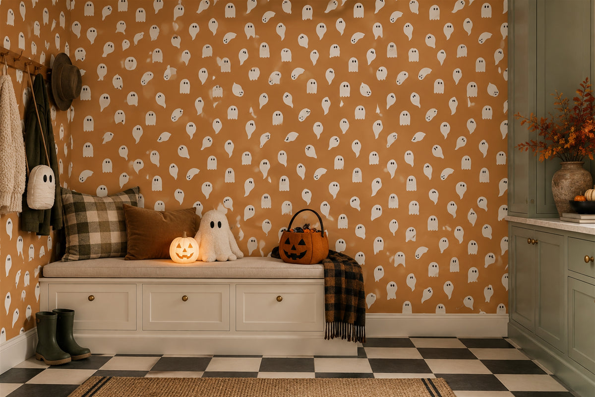 vanity orange ghosts custom non woven vinyl stick on removable wallpaper mural