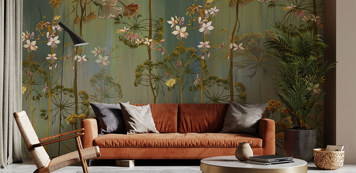 Botanical Dreamscape mural wallpaper in living room, brown sofa, light rug, modern lamp, green theme.