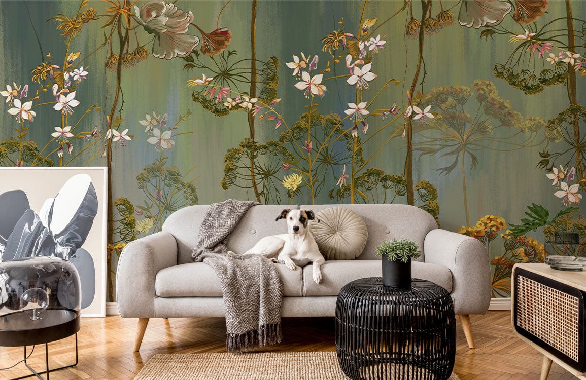 Botanical Dreamscape green floral mural wallpaper in elegant living room with grey sofa, stylish decor.