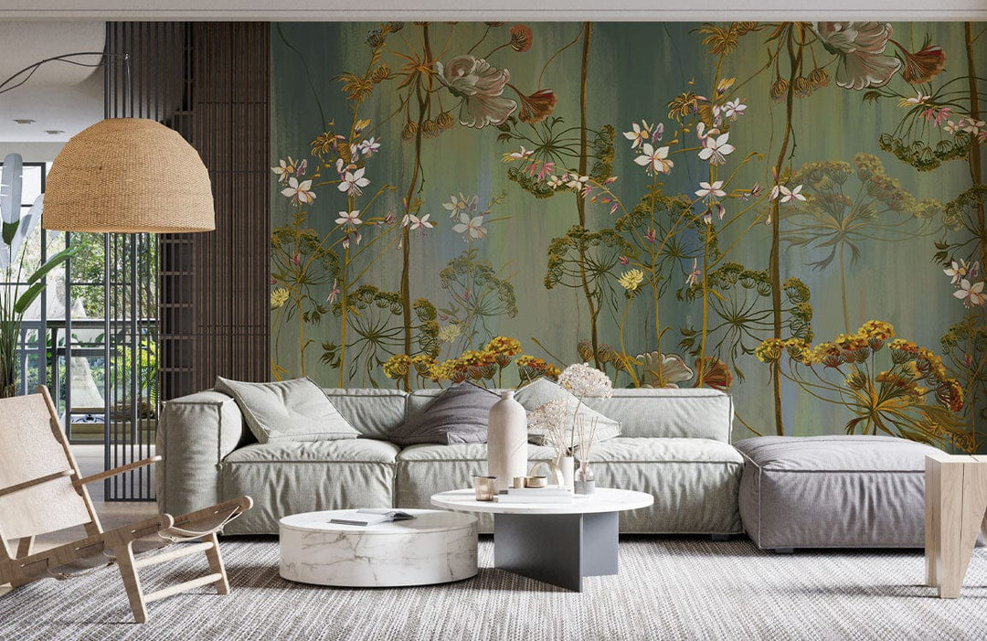 Botanical Dreamscape wallpaper in elegant living room with green sofa, wicker chair, marble coffee table.