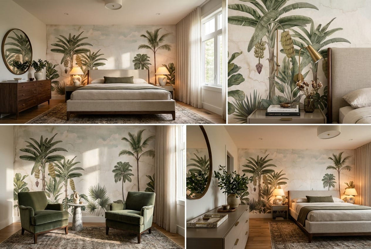 Muted Sage Classical Palm Vintage Jungle Wallpaper Mural in vintage