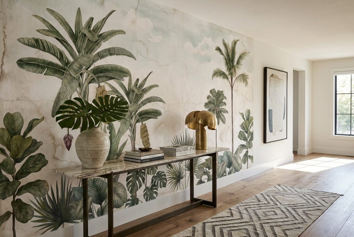Muted Sage Classical Palm Vintage Jungle Wallpaper Mural in vintage