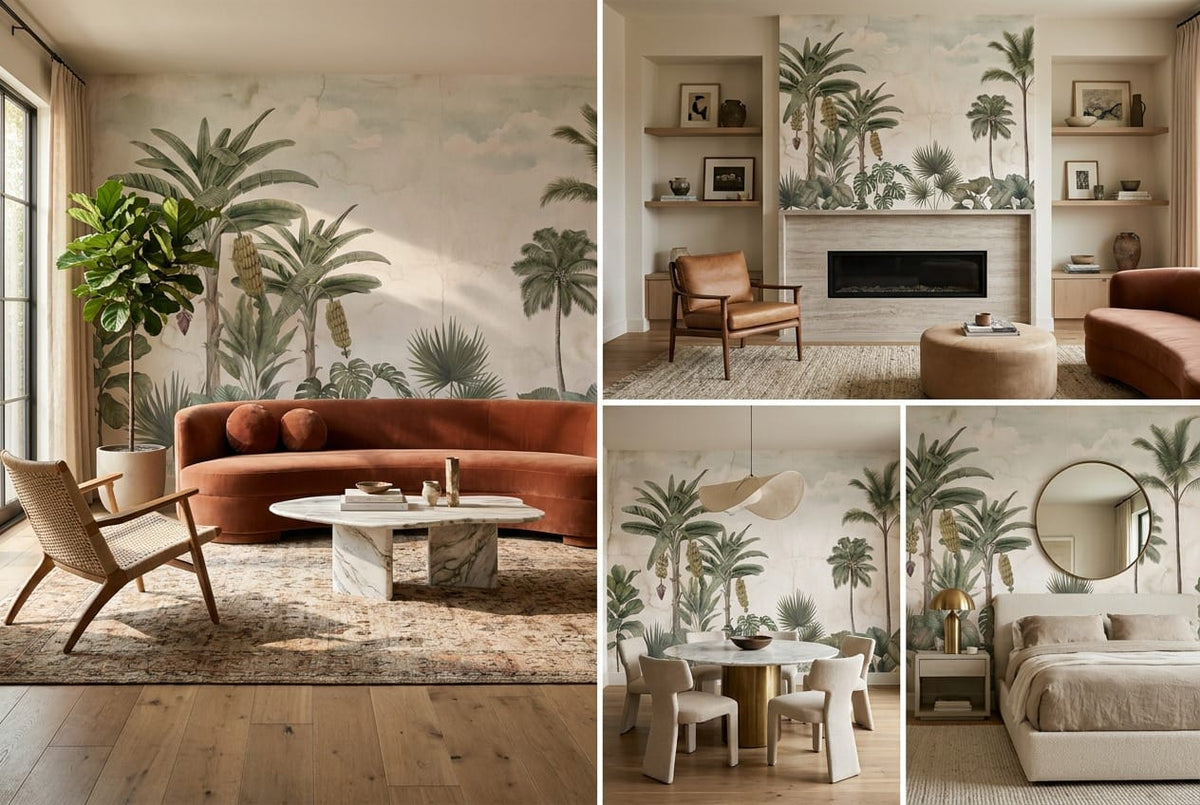 Muted Sage Classical Palm Vintage Jungle Wallpaper Mural in vintage