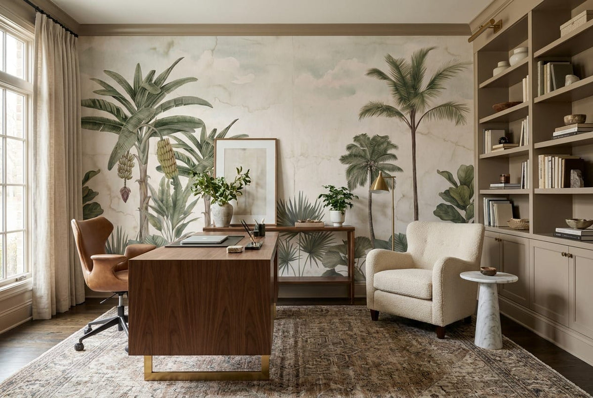 Muted Sage Classical Palm Vintage Jungle Wallpaper Mural in vintage
