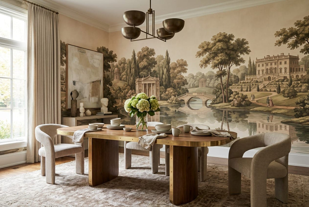 Aged Tan European Park Vintage Jungle Wallpaper Mural in vintage