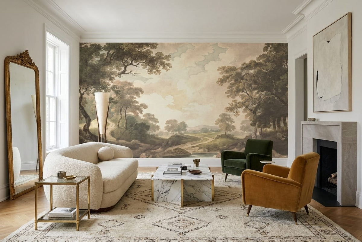 Old Tan River Landscape Vintage Jungle Wallpaper Mural in vintage
