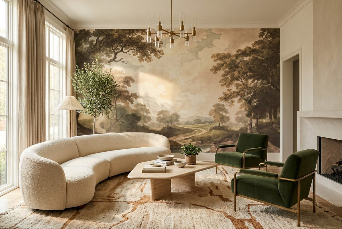 Old Tan River Landscape Vintage Jungle Wallpaper Mural in vintage