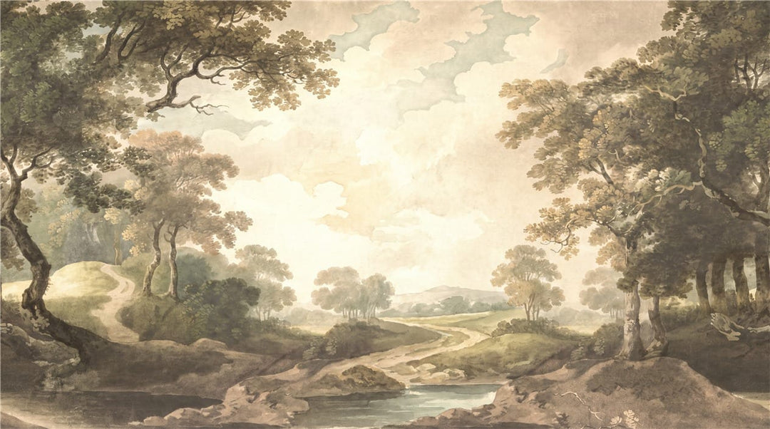 Old Tan River Landscape Vintage Jungle Wallpaper Mural in vintage