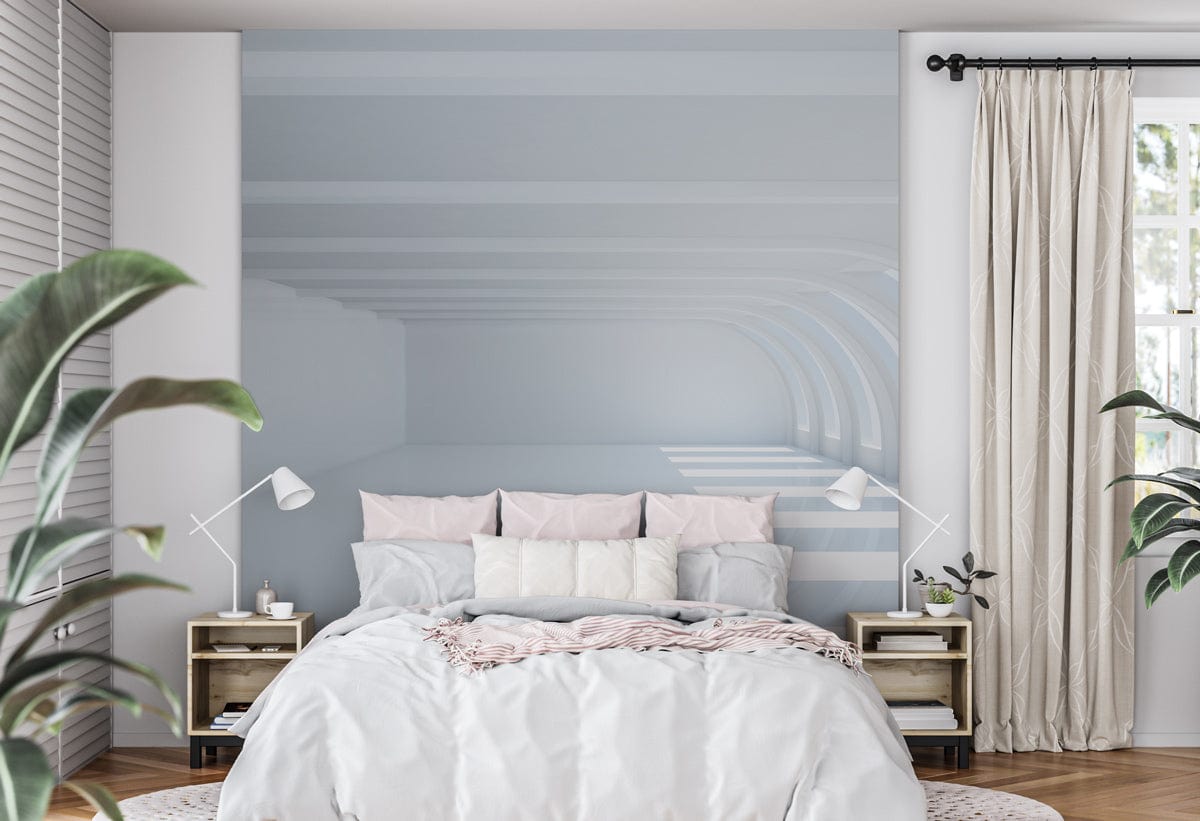 Modern minimalist white arched mural wallpaper decor in a cosy bedroom with white bedding and curtains.