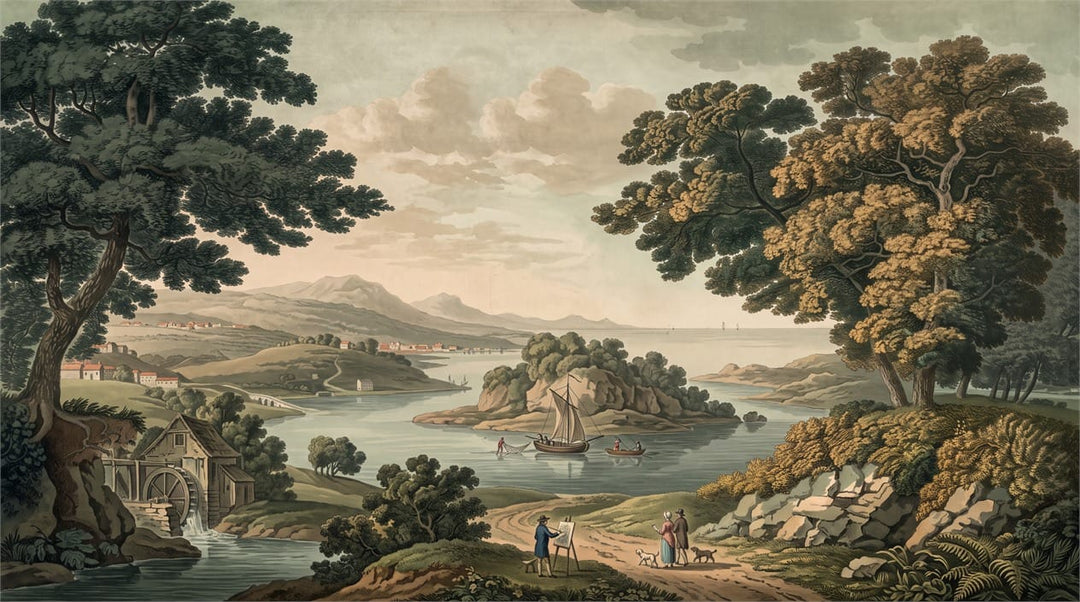 Vintage Watermill Bay Lake Scenic Wallpaper Mural in web