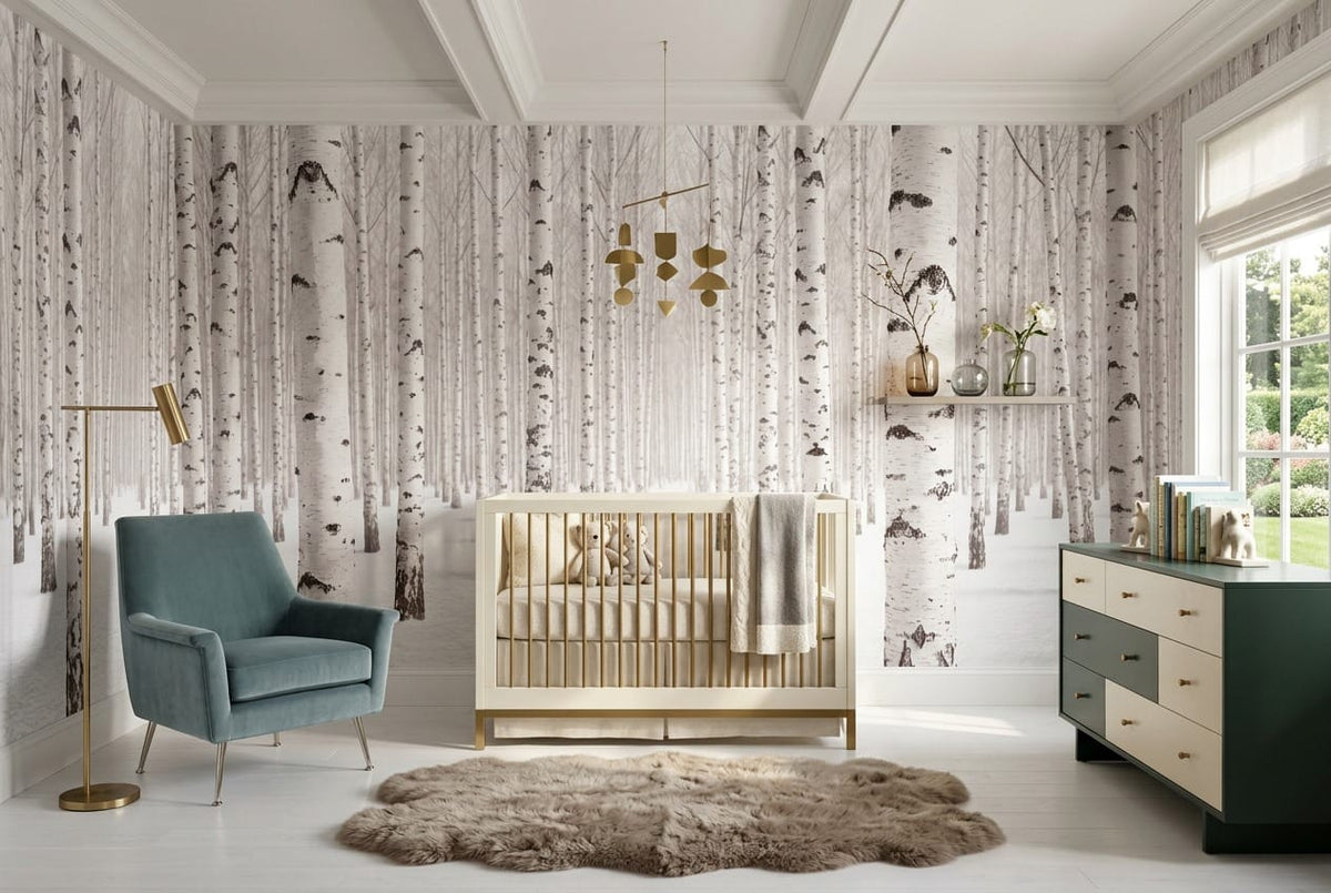 Calm White Nordic Woodland Birch Forest Wallpaper Mural in white