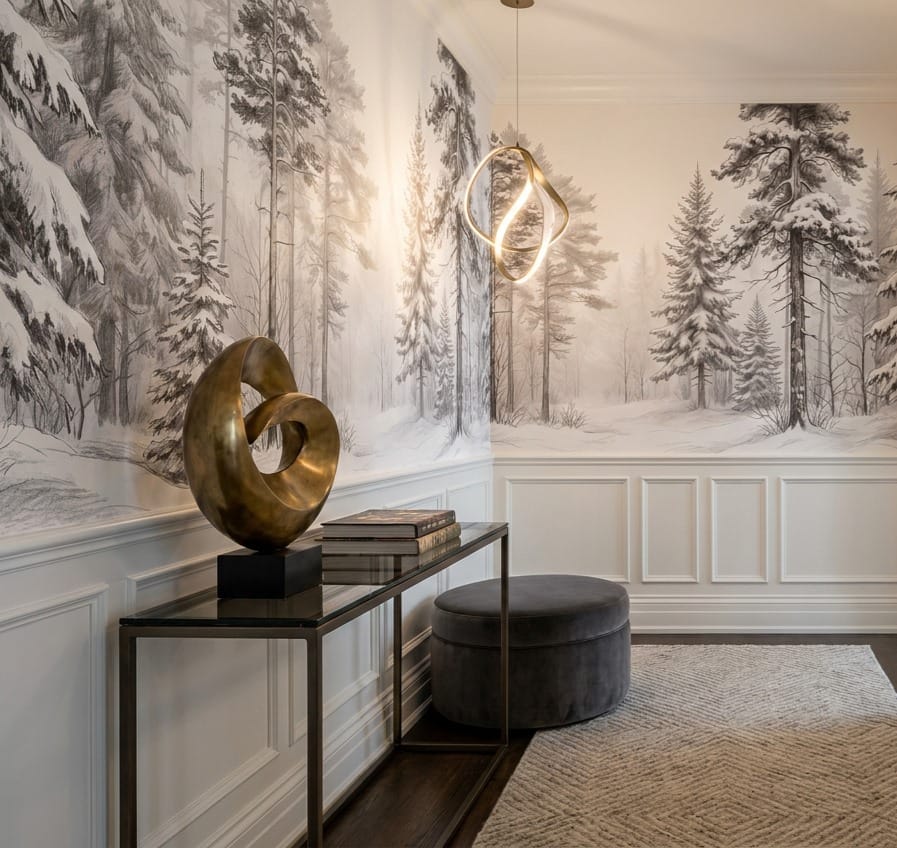 Soft White Pencil Sketch Nordic Pine Tree Wallpaper Mural in white