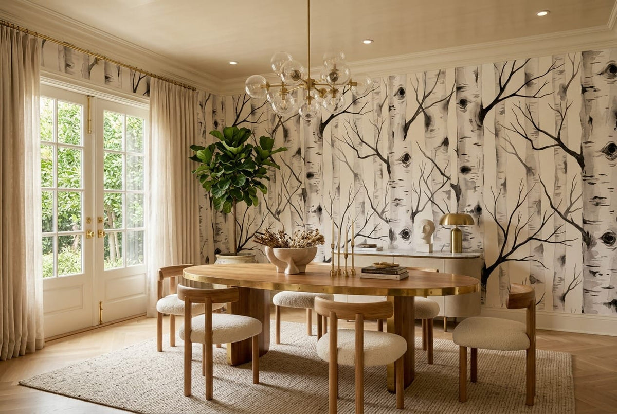 Serene White Organic Nordic Birch Forest Wallpaper Mural in white
